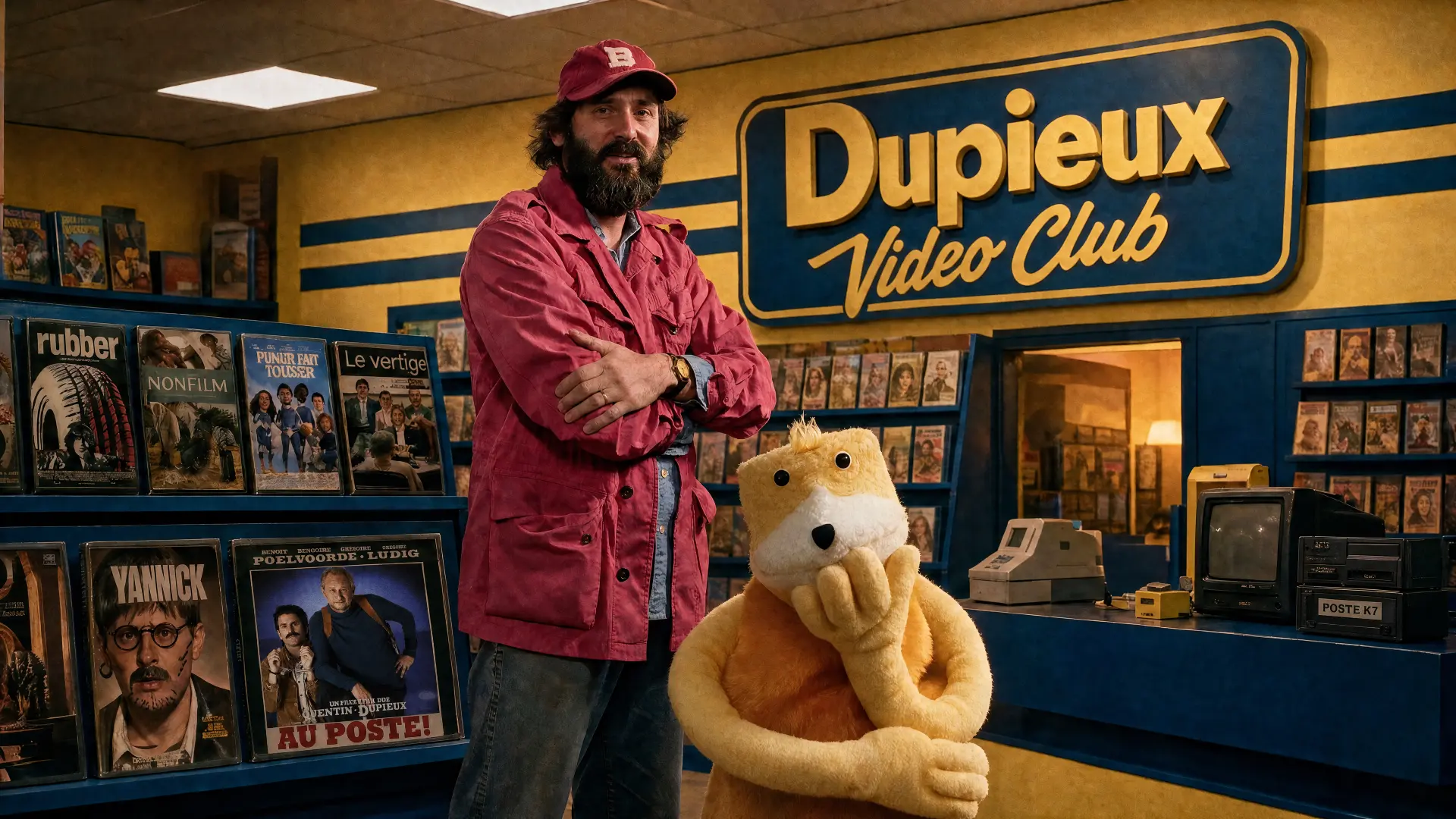 Quentin Dupieux et Flat Eric dans le Dupieux Vidéo Club, entourés de cassettes de ses films